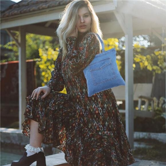 denim Shoulder Bag Large Capacity Zipper Closure Casual Tote- As Shown - Picture 7 of 7